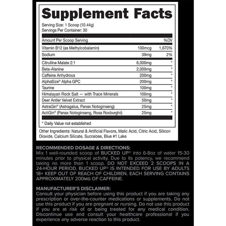 Bucked Up Pre-Workout Blue Raz (30 serv)