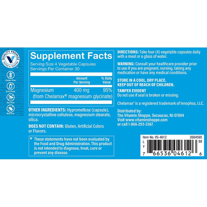 Magnesium Glycinate 400 mg per 4 veg cap (120 cap veg)