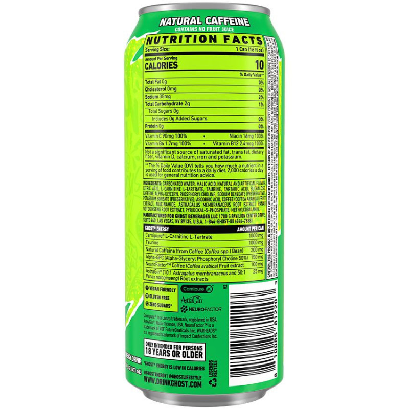 Ghost Energy Drink Zero Sugar Sour Green Apple (16 fl oz)