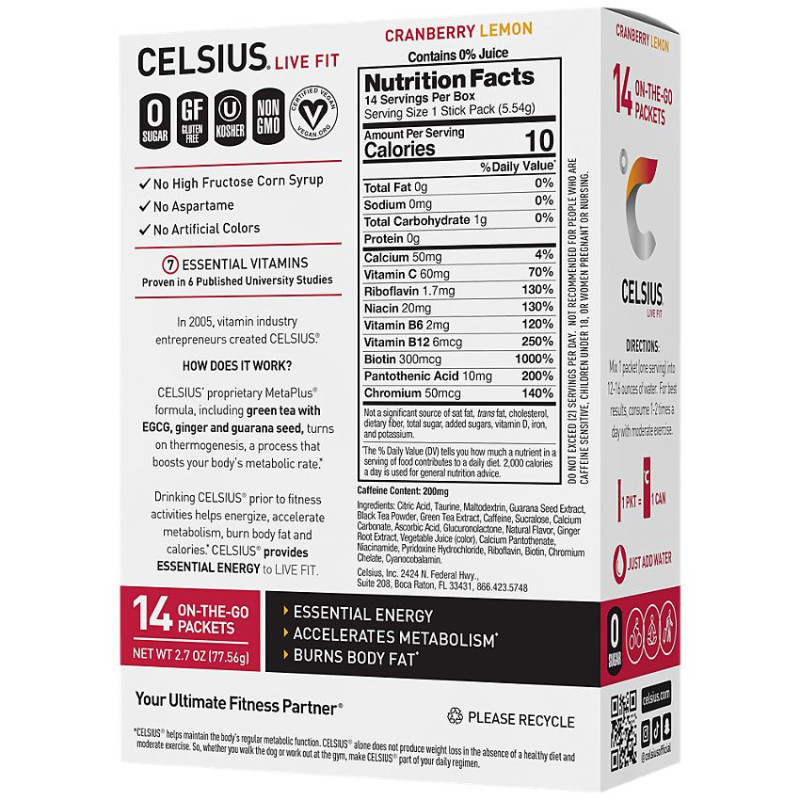 Celsius Powder Drink Mix Cranberry Lemon (14 packets)