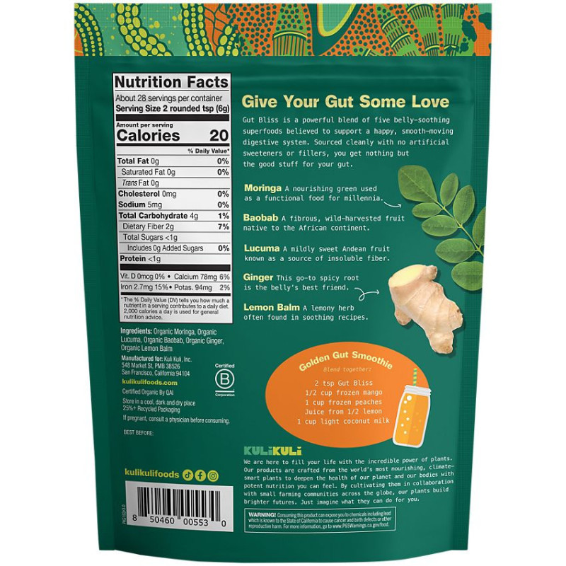 Kuli Kuli Organic Gut Bliss Superfood Blend Lemon Ginger 6 oz (28 serv)