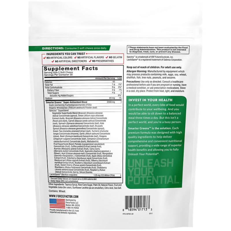 Force Factor Smarter Greens Soft Chews Summer Berry (60 Chews)