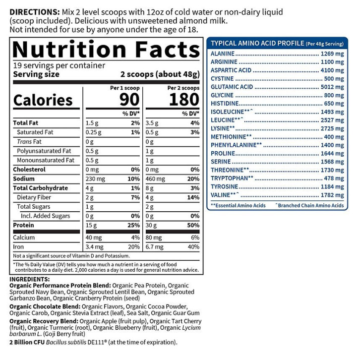 Organic Plant Based Sport Protein Chocolate (19 serv) 1.8 lb