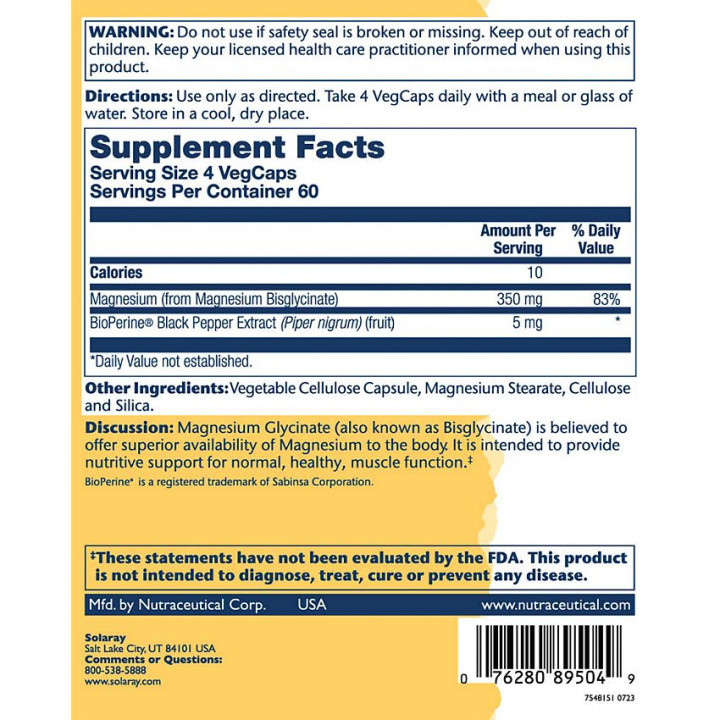 Solaray Magnesium Glycinate 350 mg (240 veg caps)