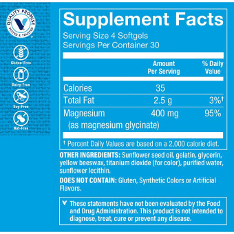 Magnesium Glycinate 400 mg per 4 softgels (120 soft)