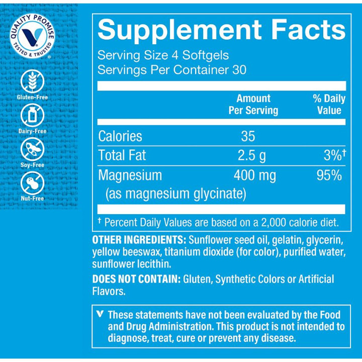 Magnesium Glycinate 400 mg per 4 softgels (120 soft)