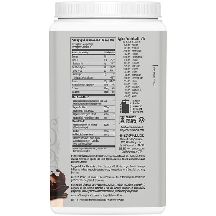 Sunwarrior Plant Based Active Protein Chocolate (20 serv) 2.2 lb