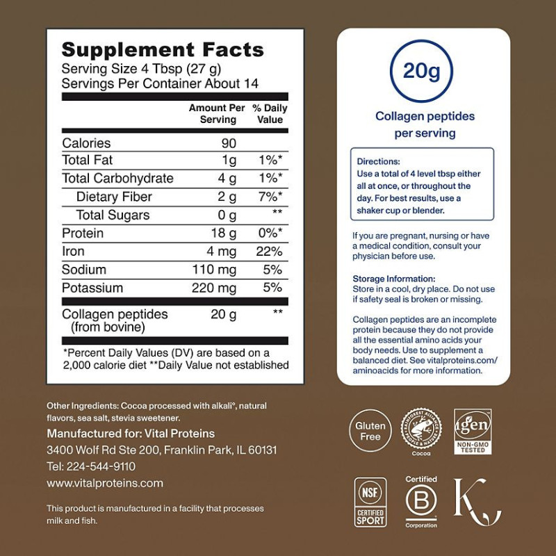 Vital Proteins Collagen Peptides Powder 20 g Chocolate (14 Serv)