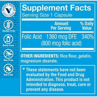 Ácido fólico - Folic Acid Vitamin B9 800 mcg (100 cap)