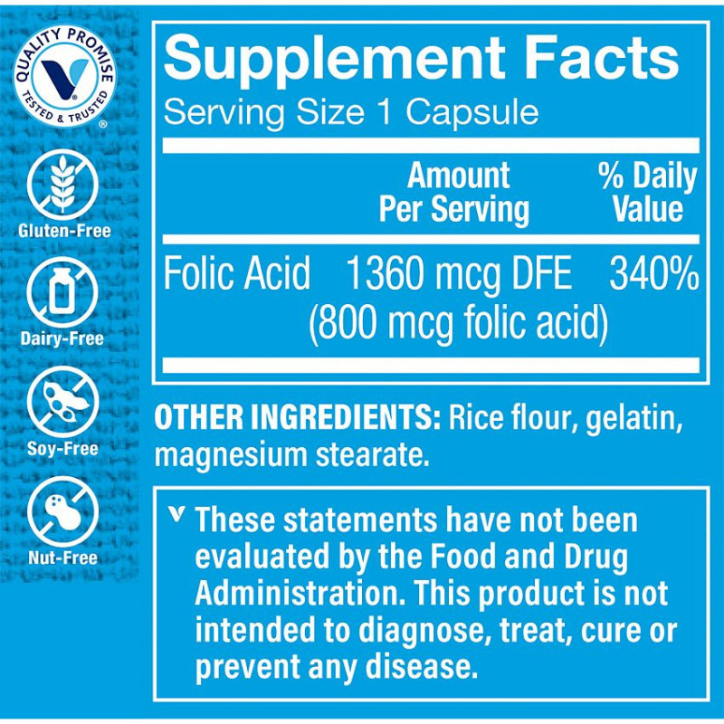 Ácido fólico - Folic Acid Vitamin B9 800 mcg (100 cap)