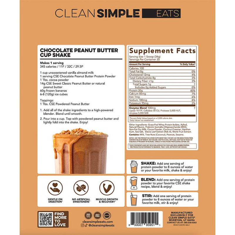 Clean Simple Eats Protein Powder Chocolate Peanut (30 serv)