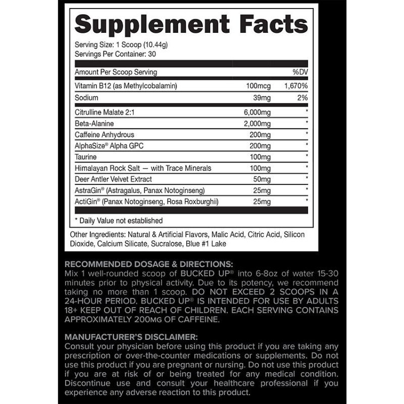 Bucked Up Pre-Workout Blue Raz (30 serv)