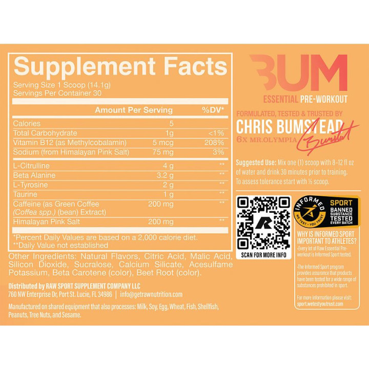 CBUM Essential Pre-Workout Powder Peach Mango (30 Serv)