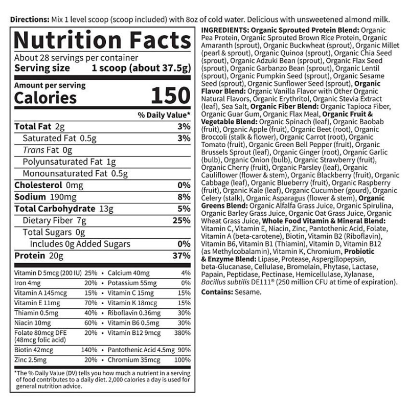Raw Meal Organic Shake Replacement Vainilla (28 serv) 2 lb