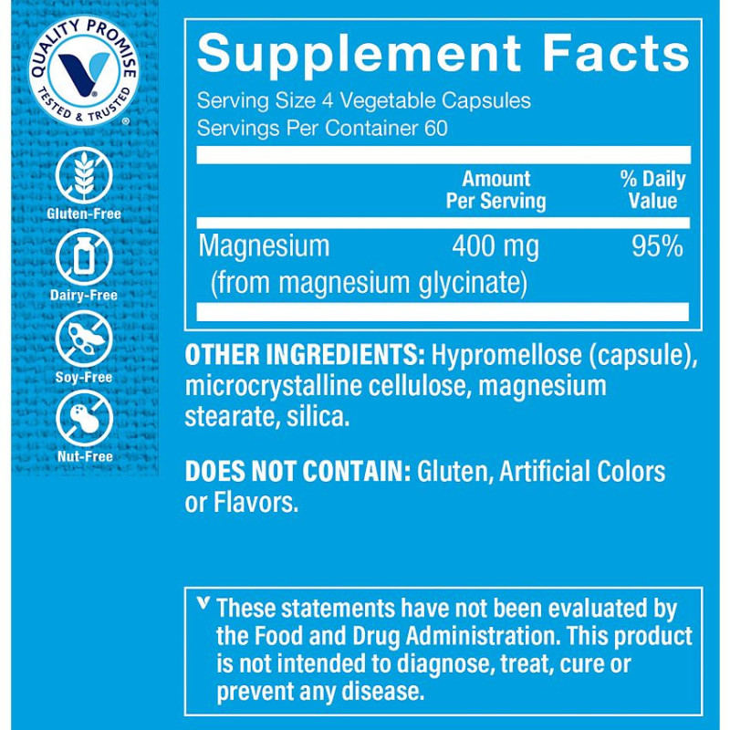 Magnesium Glycinate 400 mg per 4 caps veg (240 cap veg)