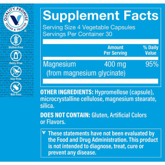 Magnesium Glycinate 400 mg per 4 veg cap (120 cap veg)