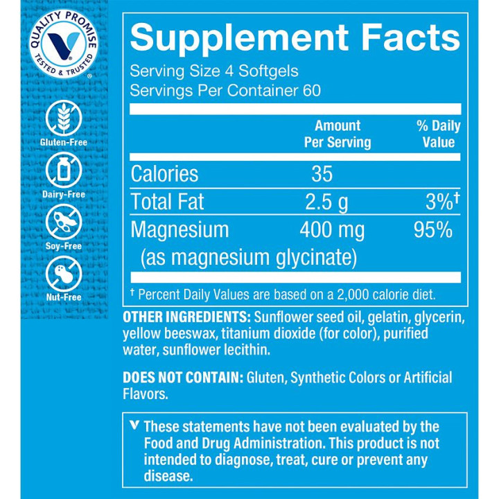 Magnesium Glycinate 400 mg per 4 softgels (240 soft)